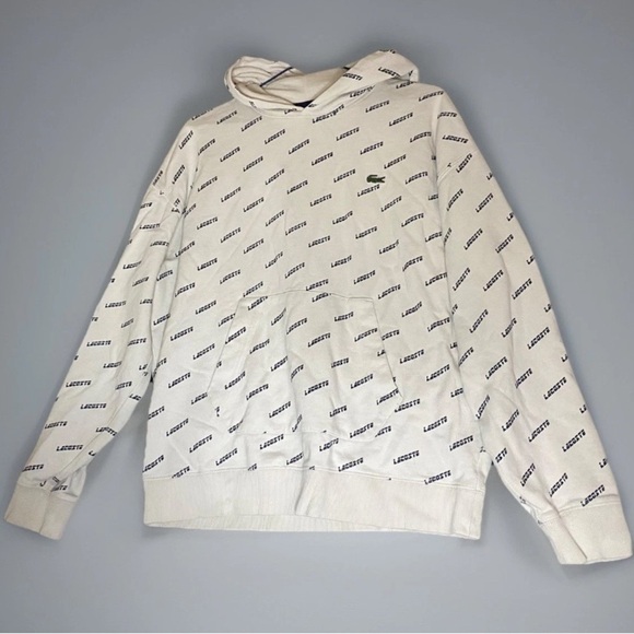 Lacoste Other - Lacoste Hoodie Sweatshirt Mens White Pullover Pockets All Over Print Size L